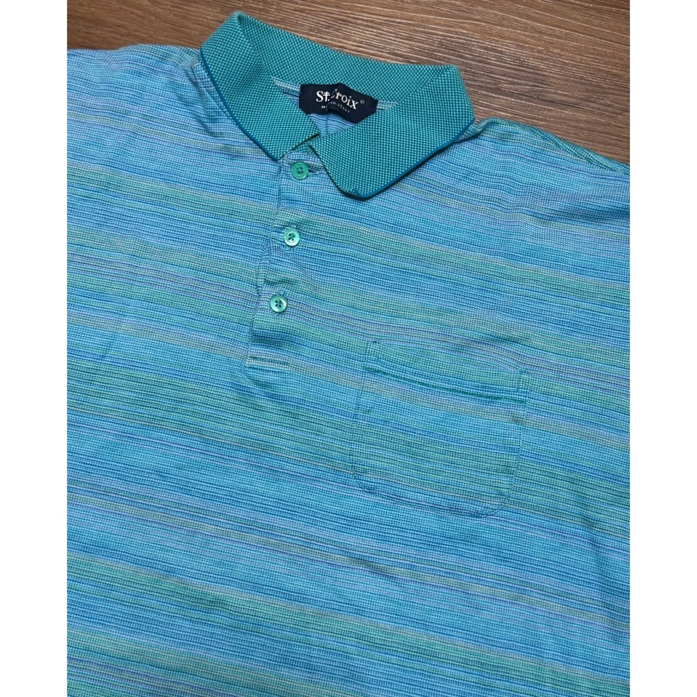 VTG St. Croix Mens Knit Polo Shirt Made in Italy Blue Teal Striped Sz XL